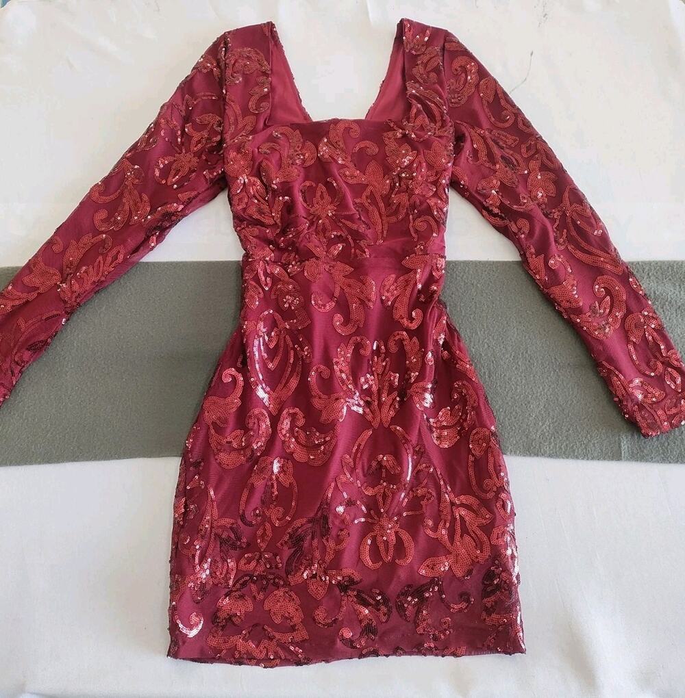 Long Sleeve Mini Dress Burgundy Square Neckline Sequin Corset Back Party Sz S